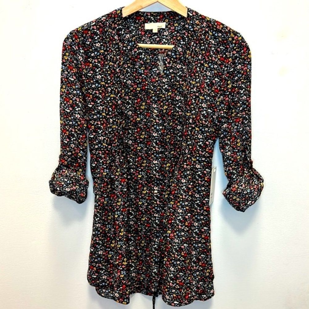 KAii Women’s Black Floral Roll up Sleeve Button up Tie Waist Blouse Size Medium